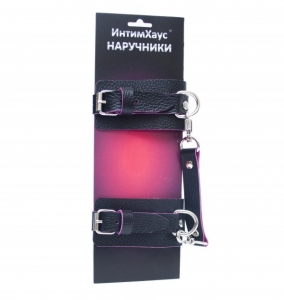 Широкие разъемные наручники черные внутри розовые  с карабиновой сцепкой "ИнтимХаус" 