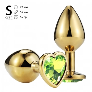 Анальная пробка "Ювелир" сердце, золотая, светло- зеленый кристалл, размер S