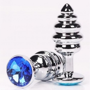 Анальная металлическая пробка "Ювелир" рельефная с синим кристаллом 