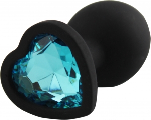 Пробка анальная "Ювелир" силиконовая, черного цвета с голубым кристаллом в форме сердца, размер М