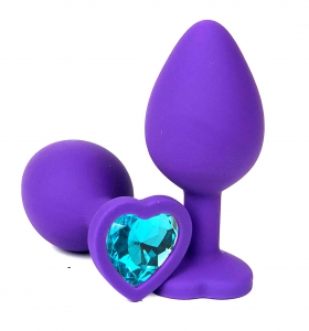 Большая фиолетовая пробка "Ювелир" Сердце силиконовая с голубым кристаллом