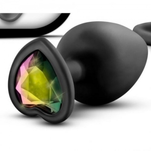 Пробка анальная черная "Ювелир" силиконовая с цветным кристаллом "хамелеон" в виде сердца, размер М