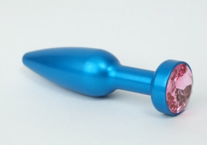 Пробка конусная удлиненная металлическая синяя с розовым кристаллом
