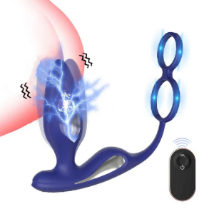 Пробка с электростимуляцией синяя с двумя кольцами "S-hande" Lightning на дистанционном пульте